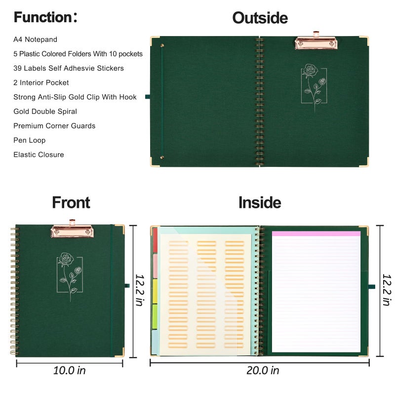 EYROZILL Clipboard with Storage  Clipboard Folio with Refillable Lined Notepad  Spiral Clipboards for Letter Size with 5 Folders and 10 Pockets  Cute Clip Board for Office  8.5'' x 11'' (Dark Green) - Image 2
